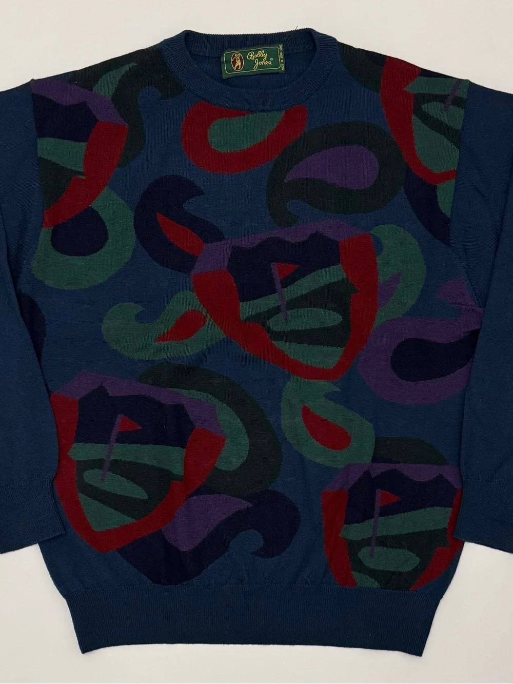 Vintage Bobby Jones Navy Crewneck Sweater with Abstract Pattern - 80s/90s